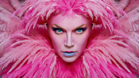 A woman with a pink face and feathers on her head, AIの素材