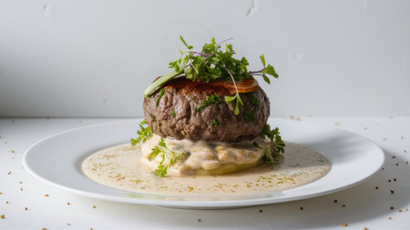 A plate of a white dish with food on it sitting in front, AIの素材