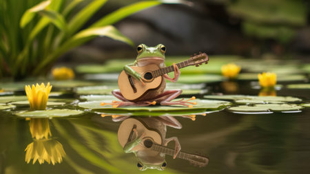 A frog sitting on a lily pad playing the guitar, AIの素材