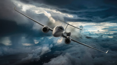 A large airplane flying through a cloudy sky with clouds below, AIの素材