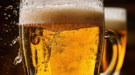 A close up of a glass filled with beer and some bubbles, AIの素材