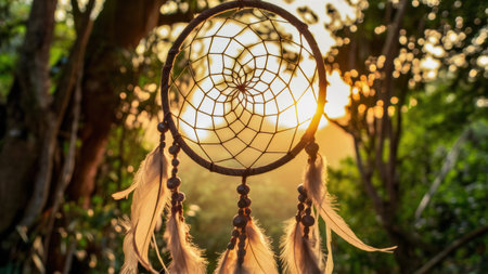 A dream catcher hanging from a tree in the sun, AIの素材