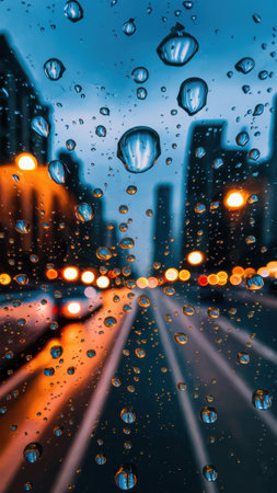 A view of a city street with cars and rain on the windshield, AIの素材