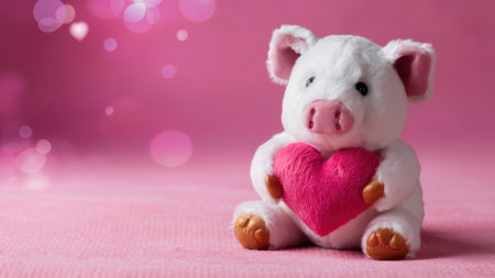 A stuffed pig holding a heart shaped toy on pink background, AIの素材