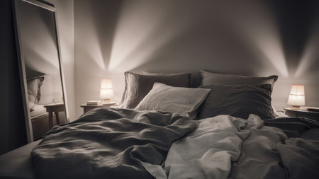 A bed with a large blanket and pillows in the middle of it, AIの素材