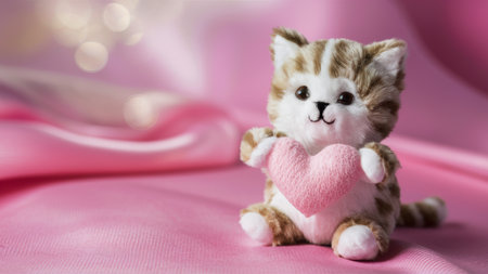 A stuffed cat holding a heart shaped toy on pink fabric, AIの素材