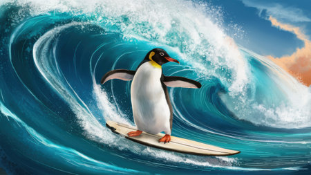 A painting of a penguin riding on top of the wave, AIの素材