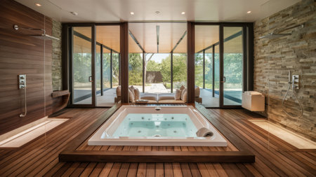 A large bathtub tub in a room with sliding glass doors, AIの素材