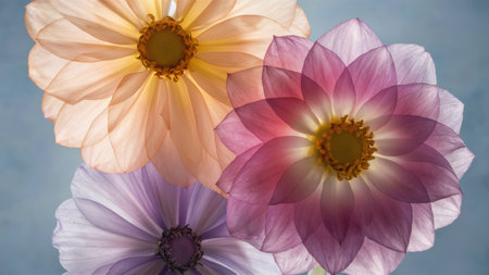 Three large flowers with purple, yellow and white petals, AIの素材