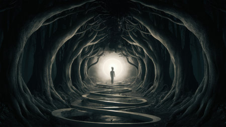 A man standing in a dark tunnel surrounded by trees, AIの素材