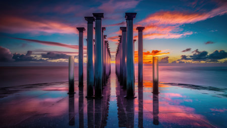 A row of pillars with a sunset in the background, AIの素材