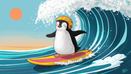 A cartoon penguin on a surfboard riding the waves of an ocean, AIの素材