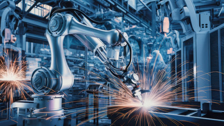 A robot welding in a factory with sparks flying out of it, AIの素材