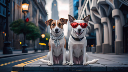 Two dogs wearing red hearts on their necks sitting in the street, AIの素材