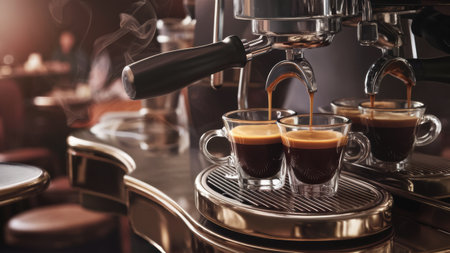 A coffee being poured into two cups on a table, AIの素材