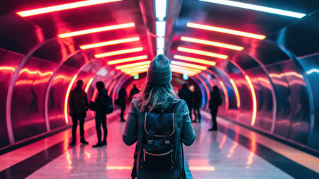 A woman with a backpack walking down an empty tunnel, AIの素材
