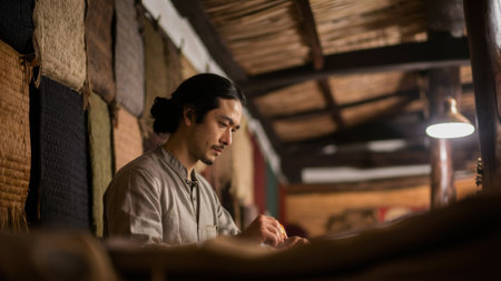 A man sitting at a table with scissors and paper, AIの素材