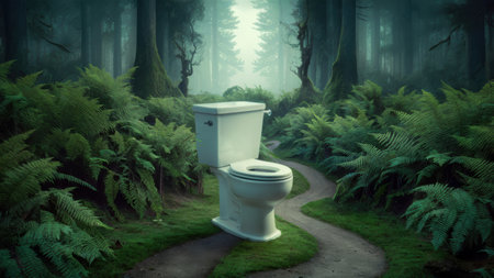 A toilet sitting in the middle of a forest surrounded by trees, AIの素材