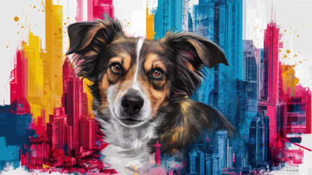 A dog is in front of a colorful cityscape with buildings, AIの素材