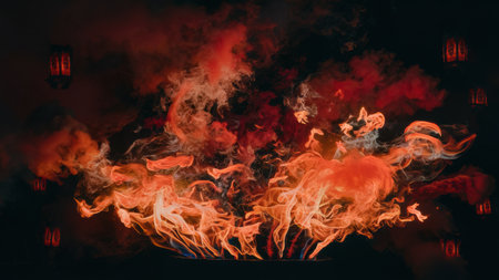 A large amount of fire is burning in the dark, AIの素材
