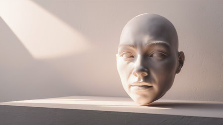 A white head on a shelf with the sun shining through it, AIの素材