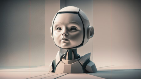 A robot head with a large black eye staring at the camera, AIの素材