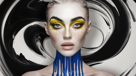 A woman with a blue and yellow face painted on her, AIの素材