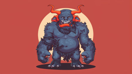A cartoon monster with horns and red eyes standing in front of a wall, AIの素材