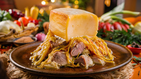 A plate of a cheese covered dish with vegetables on it, AIの素材