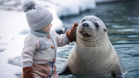 A young child petting a seal in the snow, AIの素材
