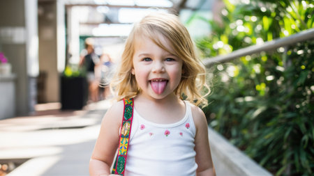 A young girl with a backpack sticking out her tongue, AIの素材