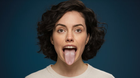 A woman with curly hair sticking out of her mouth, AIの素材