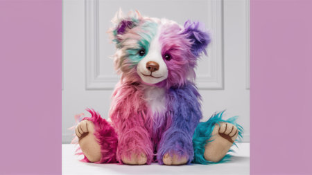 A teddy bear with multicolored fur sitting on a white background, AIの素材
