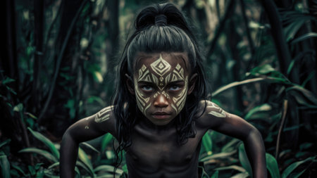 A young girl with face paint in a jungle setting, AIの素材