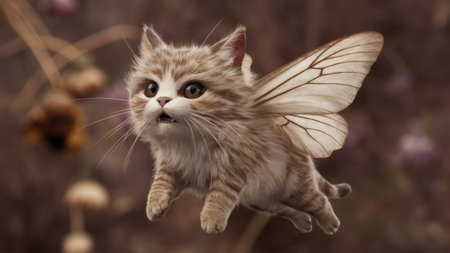 A cat with wings and a tail flying through the air, AIの素材