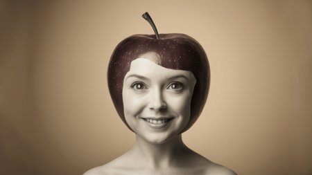 A woman with an apple on her head smiling, AIの素材