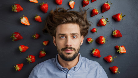 A man with a beard surrounded by strawberries on the floor, AIの素材