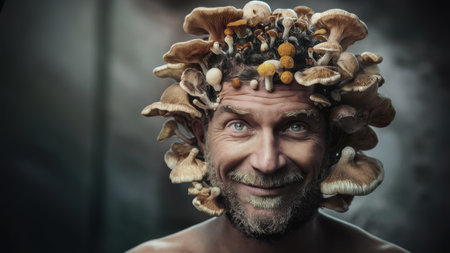 A man with a bunch of mushrooms on his head, AIの素材