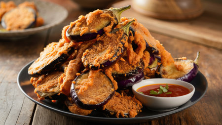 A plate of a pile of eggplant with sauce on it, AIの素材