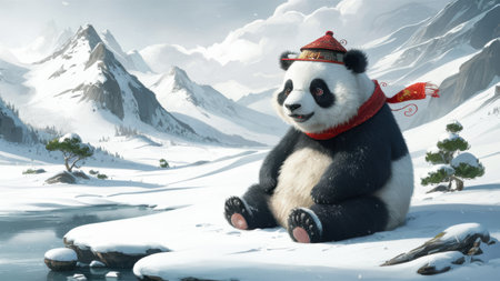 A panda bear sitting on top of a snowy mountain with mountains in the background, AIの素材