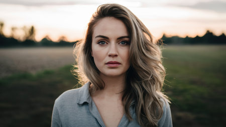 A woman with long hair standing in a field, AIの素材