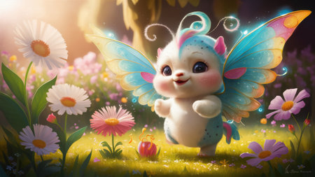 A cute little fairy with butterfly wings and a flower crown, AIの素材