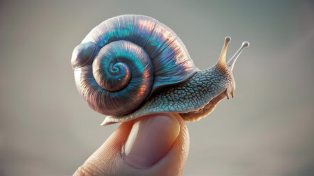 A snail is on a finger with its shell painted blue, AIの素材
