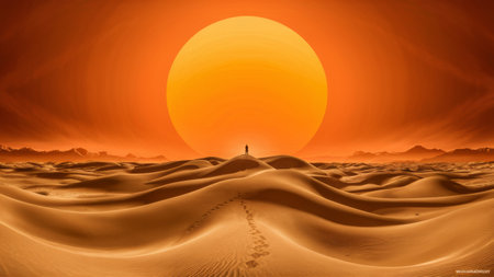 A person walking in the desert with a large sun behind him, AIの素材