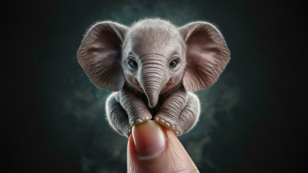 A small elephant sitting on top of a finger with dark background, AIの素材