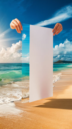 A person holding a piece of paper on the beach, AIの素材