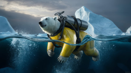 A polar bear in a yellow diving suit swimming under water, AIの素材