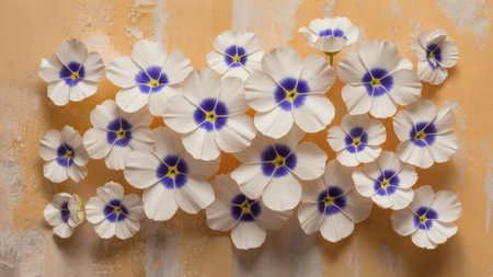 A bunch of flowers are arranged on a wall with blue and white petals, AIの素材