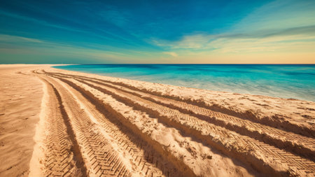 A beach with a large body of water and some tracks, AIの素材
