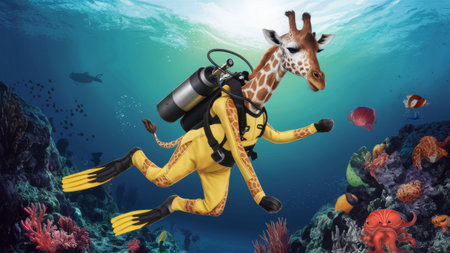 A giraffe in a scuba suit diving underwater with fish and coral, AIの素材